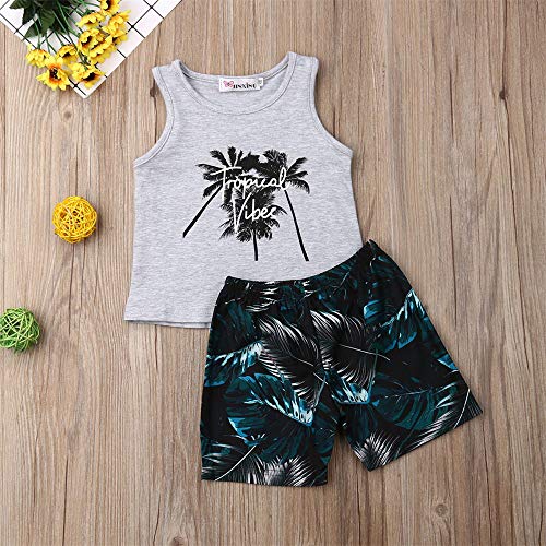 Bebé Traje Deportivo de Niño Pequeño 2PCS Conjunto de Ropa Verano Chándal con Estampado de Letras y Patrones Top Chaleco Camiseta sin Manga + Pantalones Cortos de Cintura Elástica (Gris, 4-5 Años)