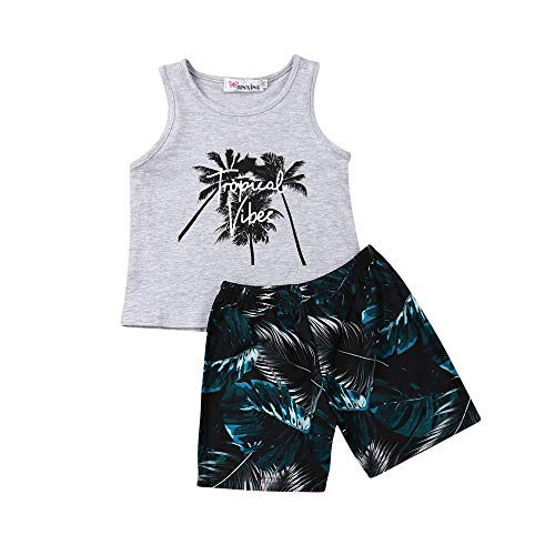 Bebé Traje Deportivo de Niño Pequeño 2PCS Conjunto de Ropa Verano Chándal con Estampado de Letras y Patrones Top Chaleco Camiseta sin Manga + Pantalones Cortos de Cintura Elástica (Gris, 4-5 Años)