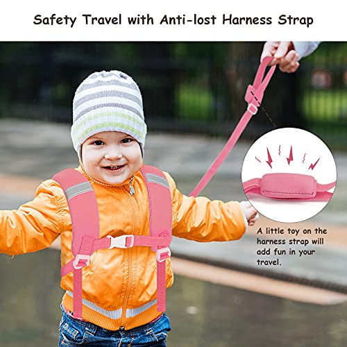 BEBOAN Mochila para niños pequeños con riendas antipérdidas de seguridad y correa para el pecho, mochila con etiqueta de nombre para niños y niñas, rosa, L