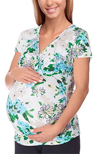 Bellivalini Premamá Camiseta Lactancia Maternidad Mujer BLV50-123 (Blanco/Azul Flores, XL)