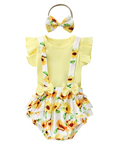 Berich Conjunto Bebé Niña Floral Verano Conjunto 3 Piezas Mameluco de manga con volantes para recién nacido Mono infantil Ropa de Bowknot de Navidad para niños pequeños 0-6 Meses(Amarillo,70)