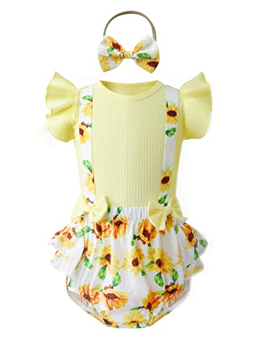 Berich Conjunto Bebé Niña Floral Verano Conjunto 3 Piezas Mameluco de manga con volantes para recién nacido Mono infantil Ropa de Bowknot de Navidad para niños pequeños 0-6 Meses(Amarillo,70)