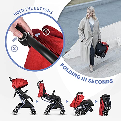 besrey Carrito Plegable Bebe,Respaldo reclinable,Silla de Paseo Bebe ligera，Para niños de recién nacidos hasta 25 kg,Incluye protector para la lluvia,Bolso de viaje,Rojo