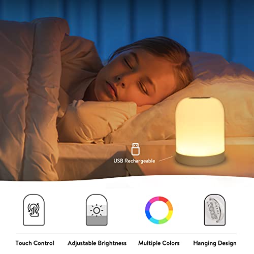 Bestcool luz nocturna infantil, Lámpara de Mesita Noche 3 brillos luz nocturna ajustable lámpara táctil portátil colgante lámpara de noche con cambio de color RGB recargable por USB para dormitorio