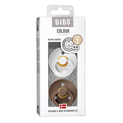 BIBS Colour Paquete de 2 chupetes. Libre de BPA, Tetina redonda. Látex natural, Talla 1 (0-6 meses), White / Dark Oak