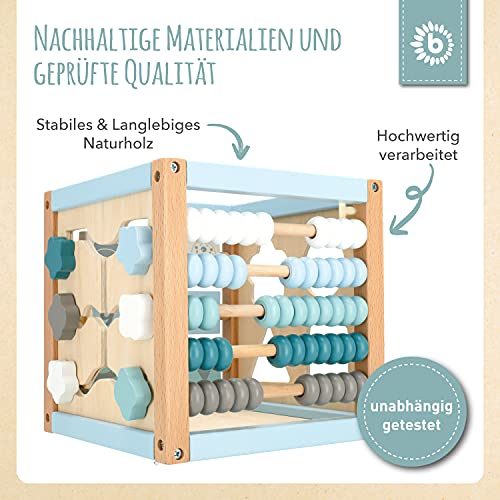 Bieco Cubo de motricidad Scandi-Chic, juguete de motricidad a partir de 1 año, moderno centro de actividad para bebés, de madera, dados de actividad para bebés con juego de ranuras y lazo motricidad