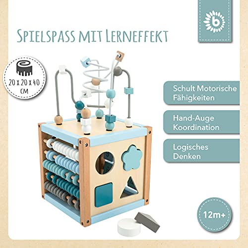 Bieco Cubo de motricidad Scandi-Chic, juguete de motricidad a partir de 1 año, moderno centro de actividad para bebés, de madera, dados de actividad para bebés con juego de ranuras y lazo motricidad