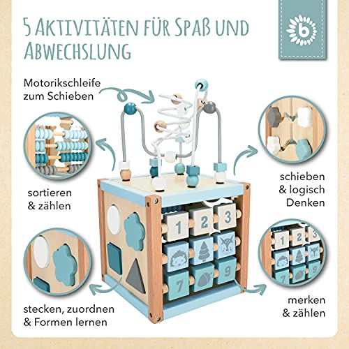 Bieco Cubo de motricidad Scandi-Chic, juguete de motricidad a partir de 1 año, moderno centro de actividad para bebés, de madera, dados de actividad para bebés con juego de ranuras y lazo motricidad