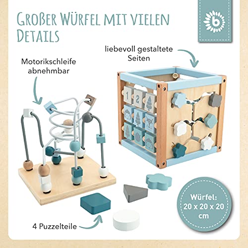 Bieco Cubo de motricidad Scandi-Chic, juguete de motricidad a partir de 1 año, moderno centro de actividad para bebés, de madera, dados de actividad para bebés con juego de ranuras y lazo motricidad