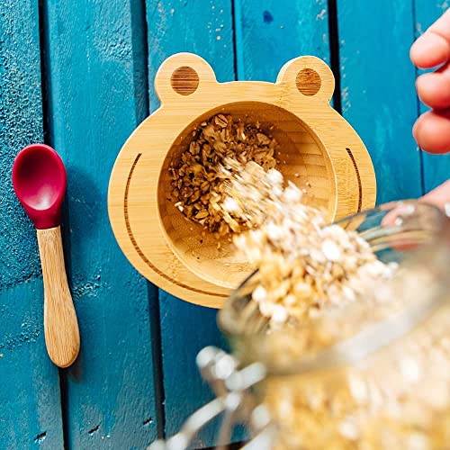 BIOZOYG Juego de bols de bambú Rana I Bol con Ventosa y Cuchara - Certificado FSC I Bol de Madera de bambú p. niños - Bol de Papilla y de Cereales para bebés I vajilla de bambú para bebés Rojo