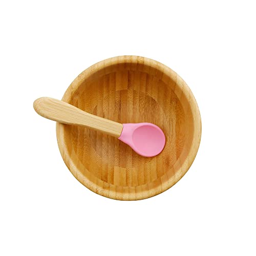 BIOZOYG Juego de bols de bambú Redondo I Bol con Ventosa y Cuchara - Certificado FSC I Bol Madera de bambú para niños - Tazón de Papilla y de Cereales para bebés I Vajilla de bambú Redonda Rosa