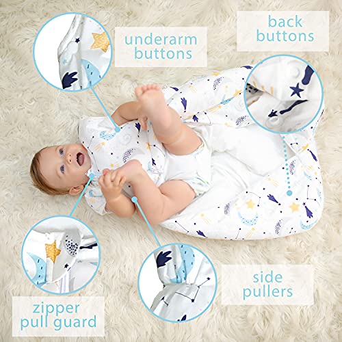 Bisoo Saco de Dormir Bebe Recien Nacido 2.5 TOG 0-6 Meses (70 cm) - Entretiempo e Invierno - 100% Algodón Certificado Oeko-Tex - Diseño Unisex de Noche Estrellada para Niño y Niña - Longitud Ajustable