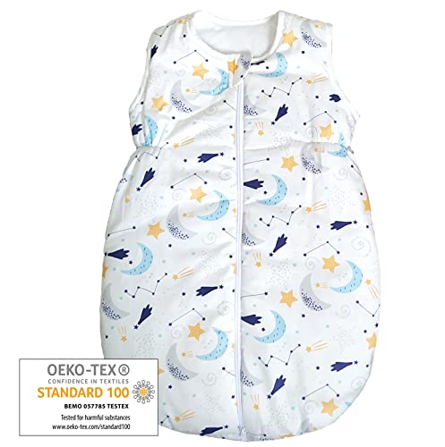 Bisoo Saco de Dormir Bebe Recien Nacido 2.5 TOG 0-6 Meses (70 cm) - Entretiempo e Invierno - 100% Algodón Certificado Oeko-Tex - Diseño Unisex de Noche Estrellada para Niño y Niña - Longitud Ajustable