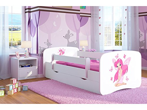 Bjird Cama Infantil 160x80 Cama para Niños Blanca con Barrera de protección contra caídas. cajones extraíbles y Base de Listones para niñas y niños - 80 x 160 cm Hada con Mariposas