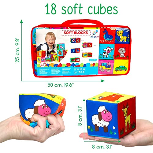 Bloques Blandos Bebe MAGDUM 18 Cubos Bebe Animales&Transporte - Juguetes Bebes 6-12 meses Educativo - Juego de Bloques -Juego Bebe 6 meses - Juguetes Desarrollo Bebe - Juego Bloques Cubos Blandos bebe