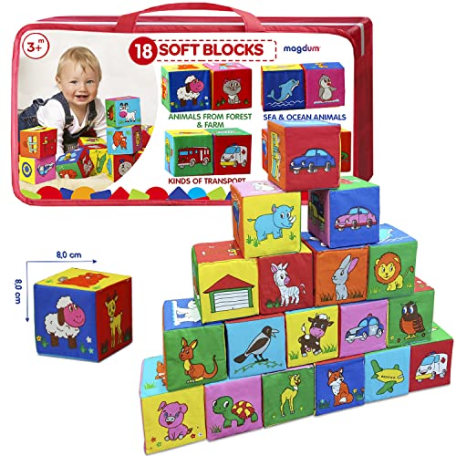 Bloques Blandos Bebe MAGDUM 18 Cubos Bebe Animales&Transporte - Juguetes Bebes 6-12 meses Educativo - Juego de Bloques -Juego Bebe 6 meses - Juguetes Desarrollo Bebe - Juego Bloques Cubos Blandos bebe