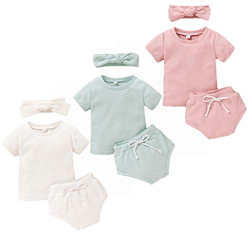 Bonfor 3 Pack x 3 Piezas Ropa Bebe Niño Verano 6-24 Meses Conjuntos de Deporte Bebé Niña Tops + Pantalones Cortos + Venda de Pelo, Ropa Recien Nacido 1-2 años (6-9 Meses)