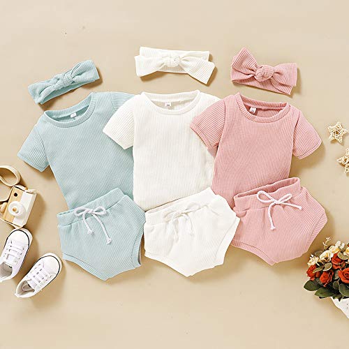 Bonfor 3 Pack x 3 Piezas Ropa Bebe Niño Verano 6-24 Meses Conjuntos de Deporte Bebé Niña Tops + Pantalones Cortos + Venda de Pelo, Ropa Recien Nacido 1-2 años (6-9 Meses)