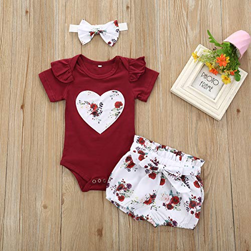 Bonfor 3 Pcs Ropa Bebe Niña 0-3 Meses Conjunto Verano Impresión de Amor Mono de Floral + Pantalón Corto + Banda de Pelo para Recien Nacido Niño 0-24 Meses Algodon Barata TMOYJPX (A, 18-24 Meses)