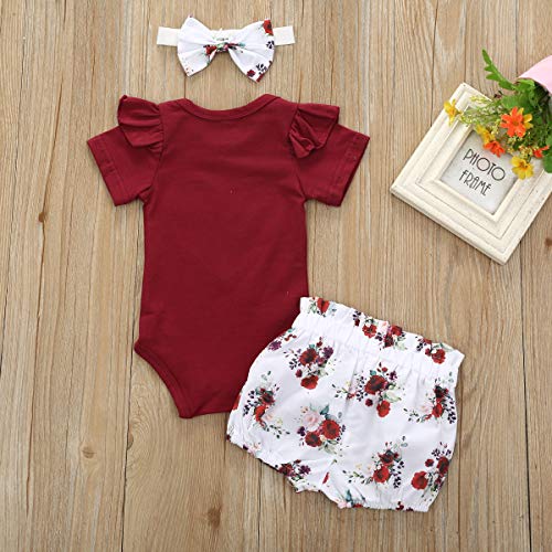 Bonfor 3 Pcs Ropa Bebe Niña 0-3 Meses Conjunto Verano Impresión de Amor Mono de Floral + Pantalón Corto + Banda de Pelo para Recien Nacido Niño 0-24 Meses Algodon Barata TMOYJPX (A, 18-24 Meses)