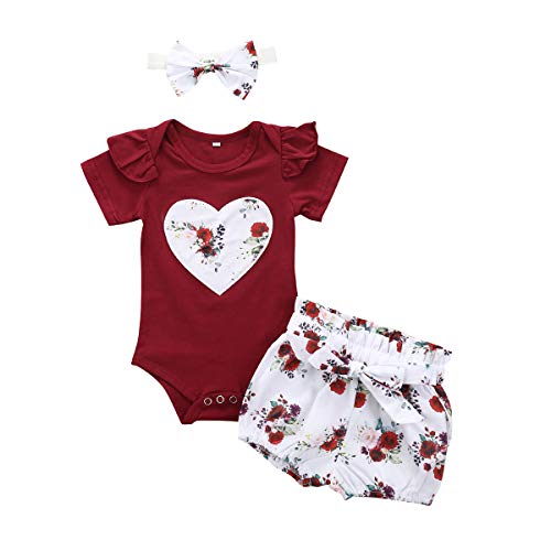 Bonfor 3 Pcs Ropa Bebe Niña 0-3 Meses Conjunto Verano Impresión de Amor Mono de Floral + Pantalón Corto + Banda de Pelo para Recien Nacido Niño 0-24 Meses Algodon Barata TMOYJPX (A, 18-24 Meses)