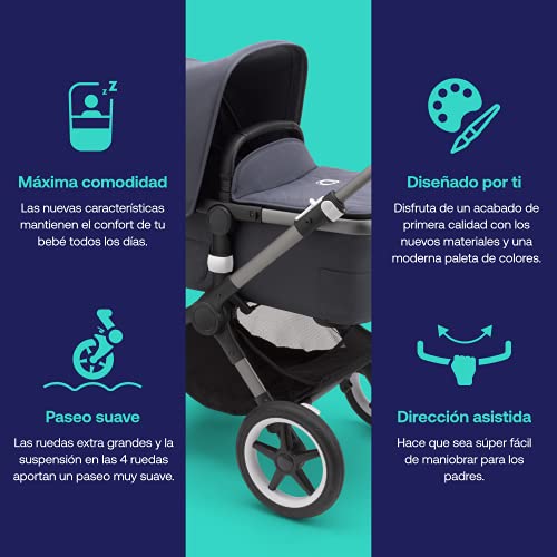 Bugaboo Fox 3, nuestro sistema de viaje 2-en-1 más cómodo: carrito todoterreno, capazo con ventilación avanzada, chasis grafito, capazo y capota Stormy Blue