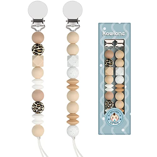 Cadenas Chupetes Bebé Estampado de Leopardo Chupetero Mordedor Silicona Soothie Clip Sujeta Chupete Holder Acero inoxidable Binky Clips para Niño Chicas Sin BPA (Leopardo,Beige)