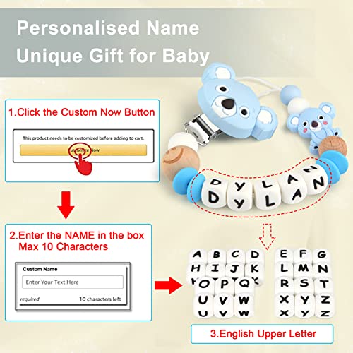 Cadenas Chupetes Personalizados Silicona Clips de Chupete Nombre Perlas de dentición Koala Mordedores Chupetero para Niño Chicas Bebé Regalo de Ducha(Azul)