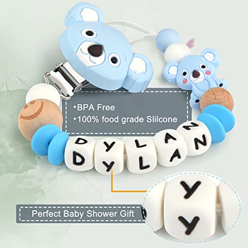 Cadenas Chupetes Personalizados Silicona Clips de Chupete Nombre Perlas de dentición Koala Mordedores Chupetero para Niño Chicas Bebé Regalo de Ducha(Azul)