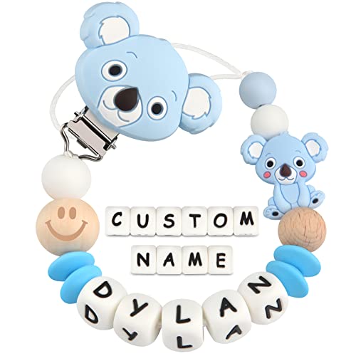 Cadenas Chupetes Personalizados Silicona Clips de Chupete Nombre Perlas de dentición Koala Mordedores Chupetero para Niño Chicas Bebé Regalo de Ducha(Azul)