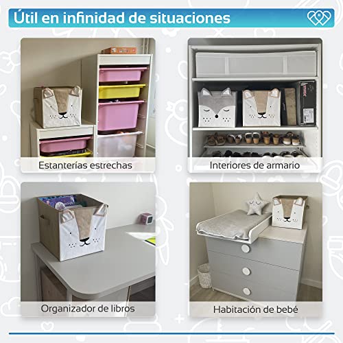 Caja Almacenaje Juguetes plegable y estructura de cartón, para usar como Organizador de Juguetes, Ropa, Libros o Cualquier otro Objeto Infantil. Frontal en terciopelo. (León feliz)