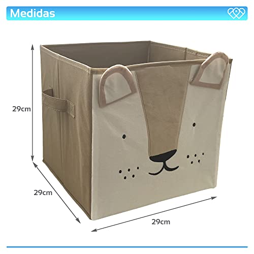 Caja Almacenaje Juguetes plegable y estructura de cartón, para usar como Organizador de Juguetes, Ropa, Libros o Cualquier otro Objeto Infantil. Frontal en terciopelo. (León feliz)