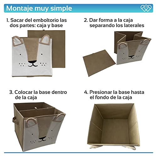 Caja Almacenaje Juguetes plegable y estructura de cartón, para usar como Organizador de Juguetes, Ropa, Libros o Cualquier otro Objeto Infantil. Frontal en terciopelo. (León feliz)