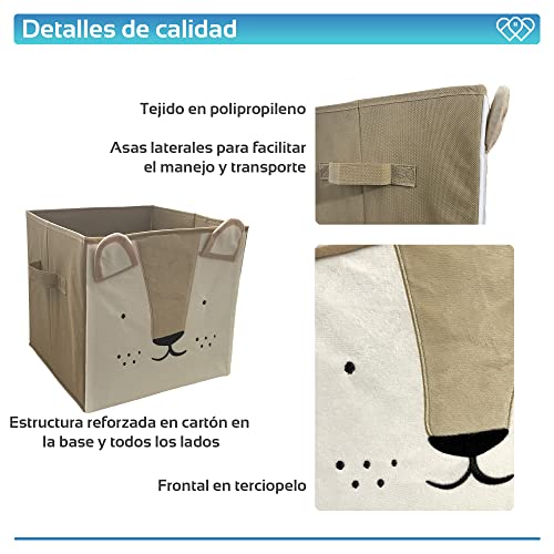 Caja Almacenaje Juguetes plegable y estructura de cartón, para usar como Organizador de Juguetes, Ropa, Libros o Cualquier otro Objeto Infantil. Frontal en terciopelo. (León feliz)