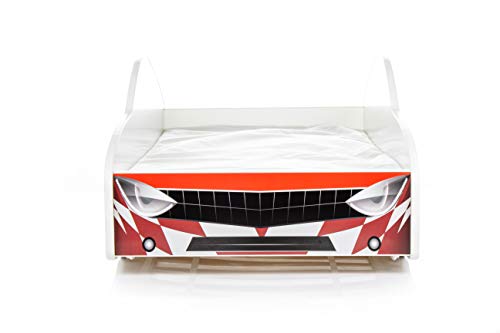 Cama infantil coche de carreras + somier (barandas) + colchón de espuma con cubierta 140x70 cm 160x80 cm 180x80 cm (160x80 cm (untill 8 jears), 5.Red)