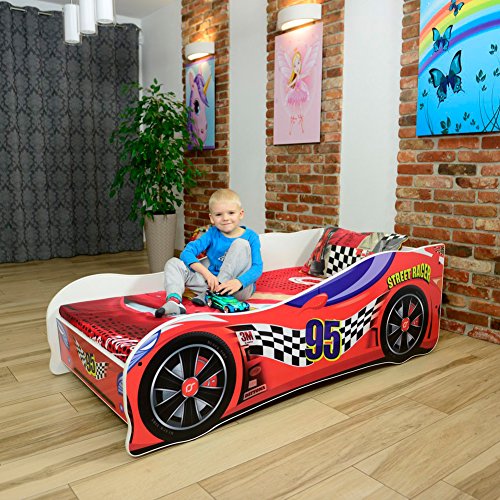 Cama infantil coche de carreras + somier (barandas) + colchón de espuma con cubierta (160 x 80 cm (3-8 años), red 95)