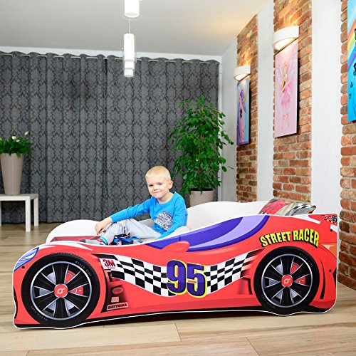 Cama infantil coche de carreras + somier (barandas) + colchón de espuma con cubierta (160 x 80 cm (3-8 años), red 95)