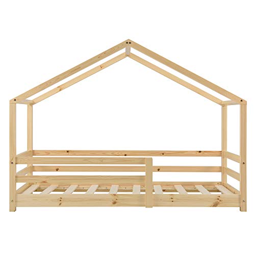 Cama para niños 70 x 140 cm Cama Infantil con Somier Estructura de Madera Pino En diseño de Casa con Reja de Seguridad Protección Natural