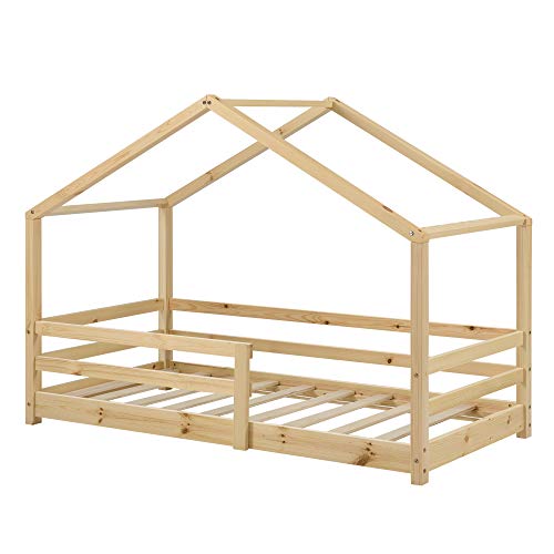 Cama para niños 70 x 140 cm Cama Infantil con Somier Estructura de Madera Pino En diseño de Casa con Reja de Seguridad Protección Natural