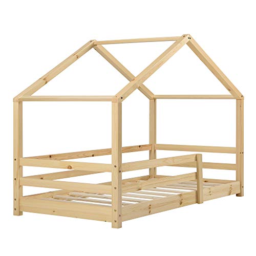 Cama para niños 70 x 140 cm Cama Infantil con Somier Estructura de Madera Pino En diseño de Casa con Reja de Seguridad Protección Natural