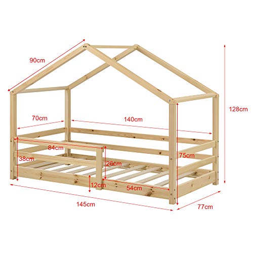 Cama para niños 70 x 140 cm Cama Infantil con Somier Estructura de Madera Pino En diseño de Casa con Reja de Seguridad Protección Natural