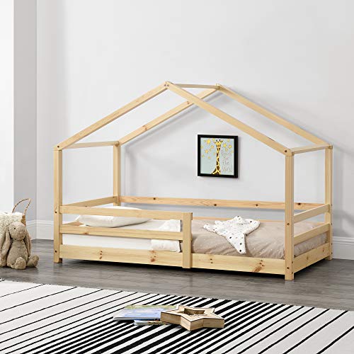 Cama para niños 70 x 140 cm Cama Infantil con Somier Estructura de Madera Pino En diseño de Casa con Reja de Seguridad Protección Natural