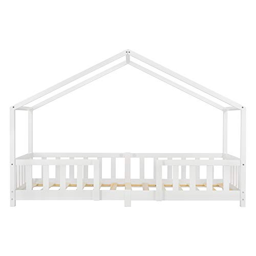 Cama para niños de Madera Pino 90 x 200 cm Cama Infantil con Reja Protectora Casita Forma de casa Blanco Mate Lacado