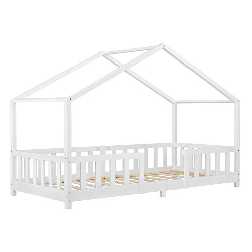 Cama para niños de Madera Pino 90 x 200 cm Cama Infantil con Reja Protectora Casita Forma de casa Blanco Mate Lacado