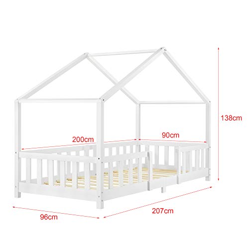 Cama para niños de Madera Pino 90 x 200 cm Cama Infantil con Reja Protectora Casita Forma de casa Blanco Mate Lacado