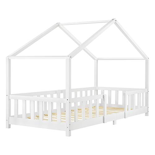 Cama para niños de Madera Pino 90 x 200 cm Cama Infantil con Reja Protectora Casita Forma de casa Blanco Mate Lacado