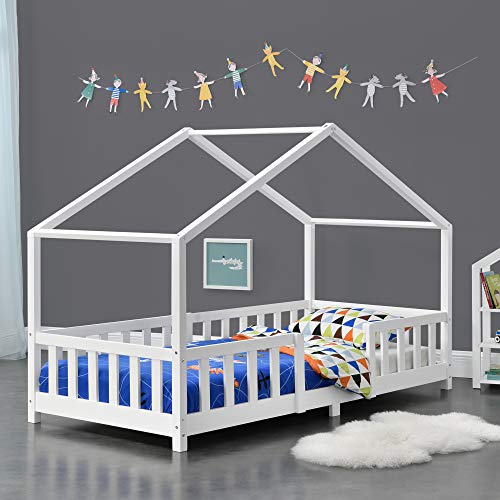 Cama para niños de Madera Pino 90 x 200 cm Cama Infantil con Reja Protectora Casita Forma de casa Blanco Mate Lacado