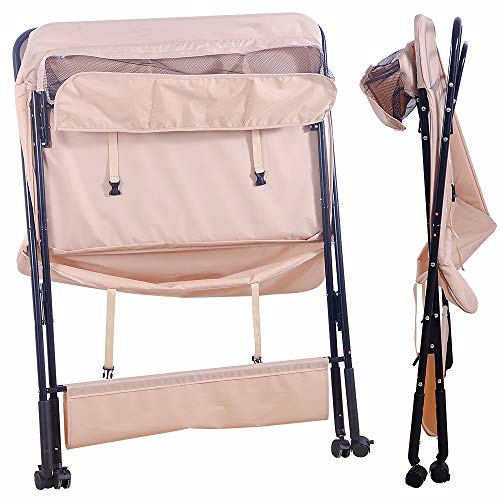 Cambiador Plegable para Niños, Cambiador bebe Plegable con cinturón de seguridad y compartimentos de almacenamiento y 4 ruedas con freno - 74 x 63 x 92-98 cm (rosa)