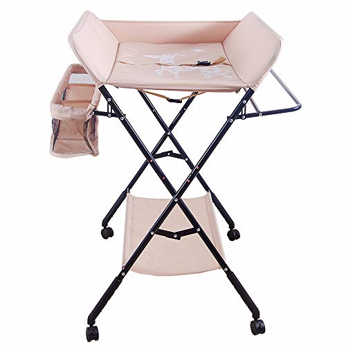 Cambiador Plegable para Niños, Cambiador bebe Plegable con cinturón de seguridad y compartimentos de almacenamiento y 4 ruedas con freno - 74 x 63 x 92-98 cm (rosa)