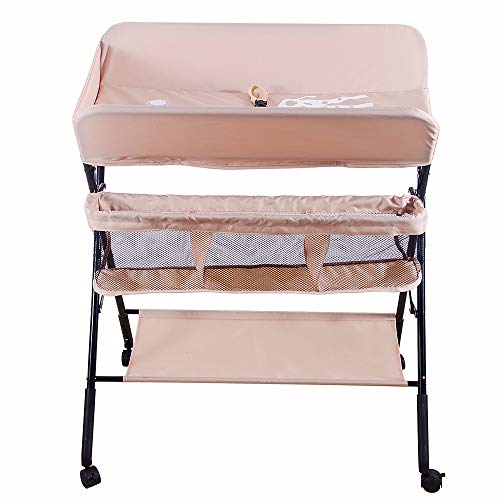 Cambiador Plegable para Niños, Cambiador bebe Plegable con cinturón de seguridad y compartimentos de almacenamiento y 4 ruedas con freno - 74 x 63 x 92-98 cm (rosa)